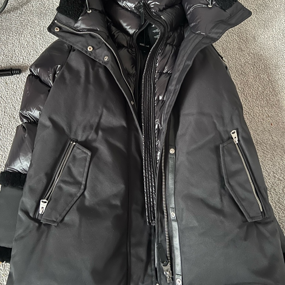 Mackage Stylish Black Puffer with leather trim.Jacket size S brand new with tag!